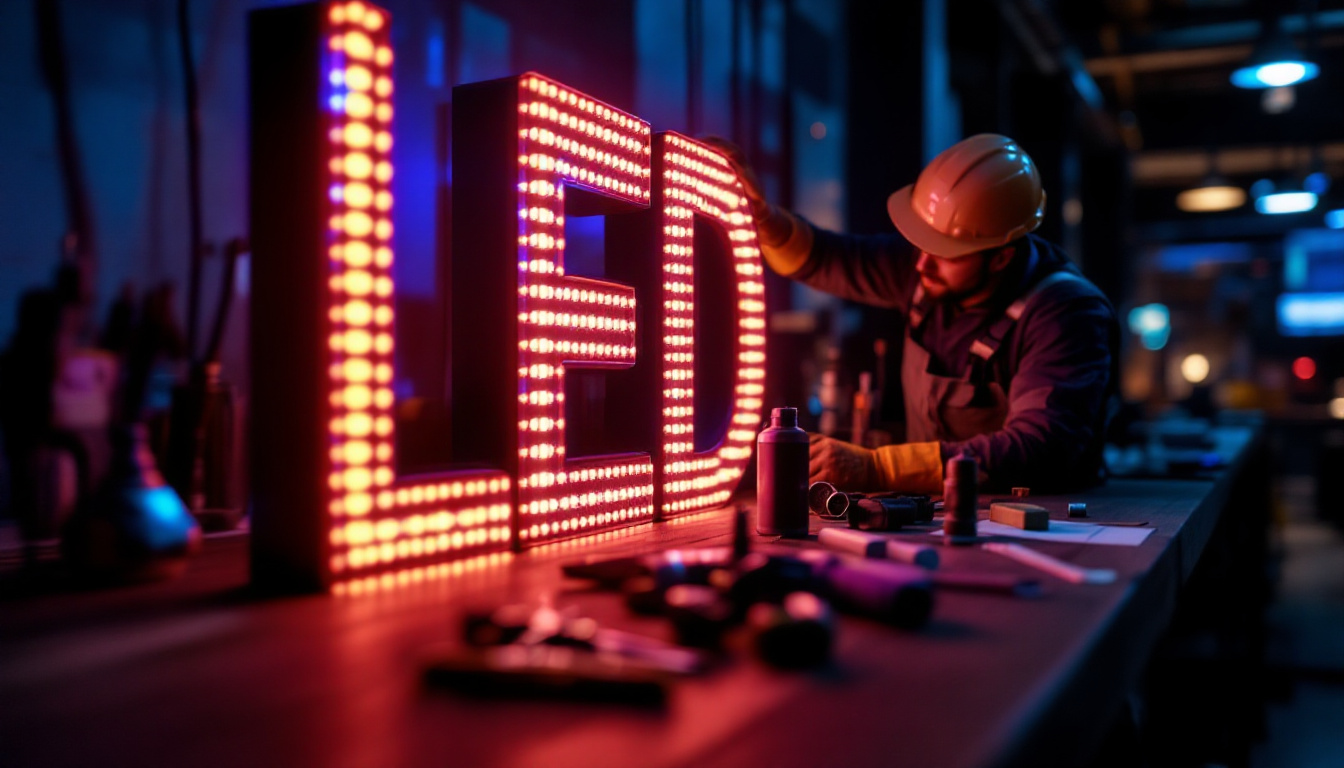 A photograph of a skilled technician installing an led business sign