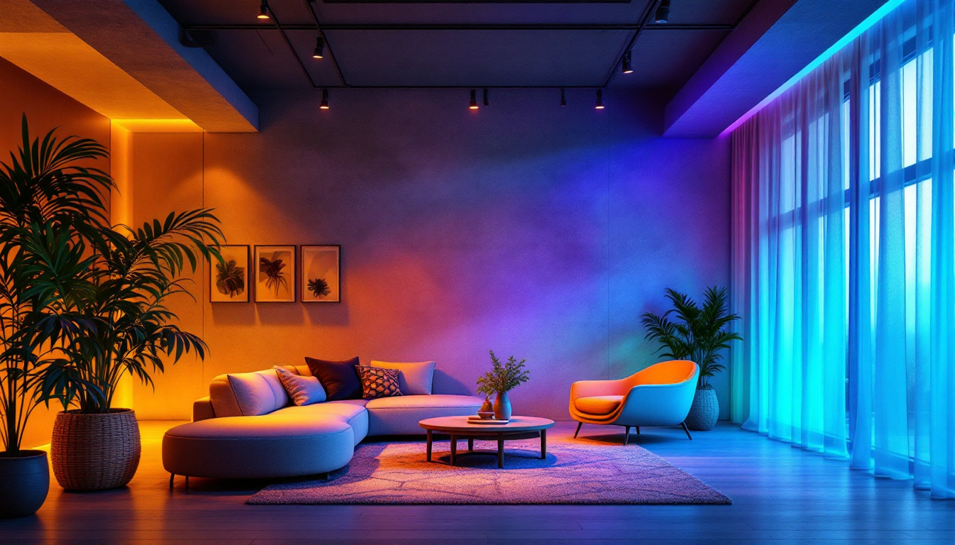 A photograph of a modern interior space illuminated by high pressure sodium lights