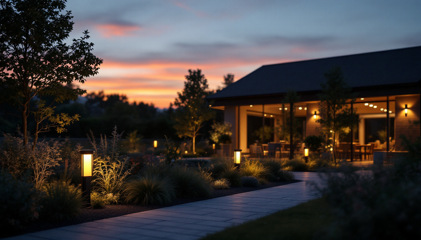 A photograph of capture a photograph of an outdoor space illuminated by solar sign lights at dusk