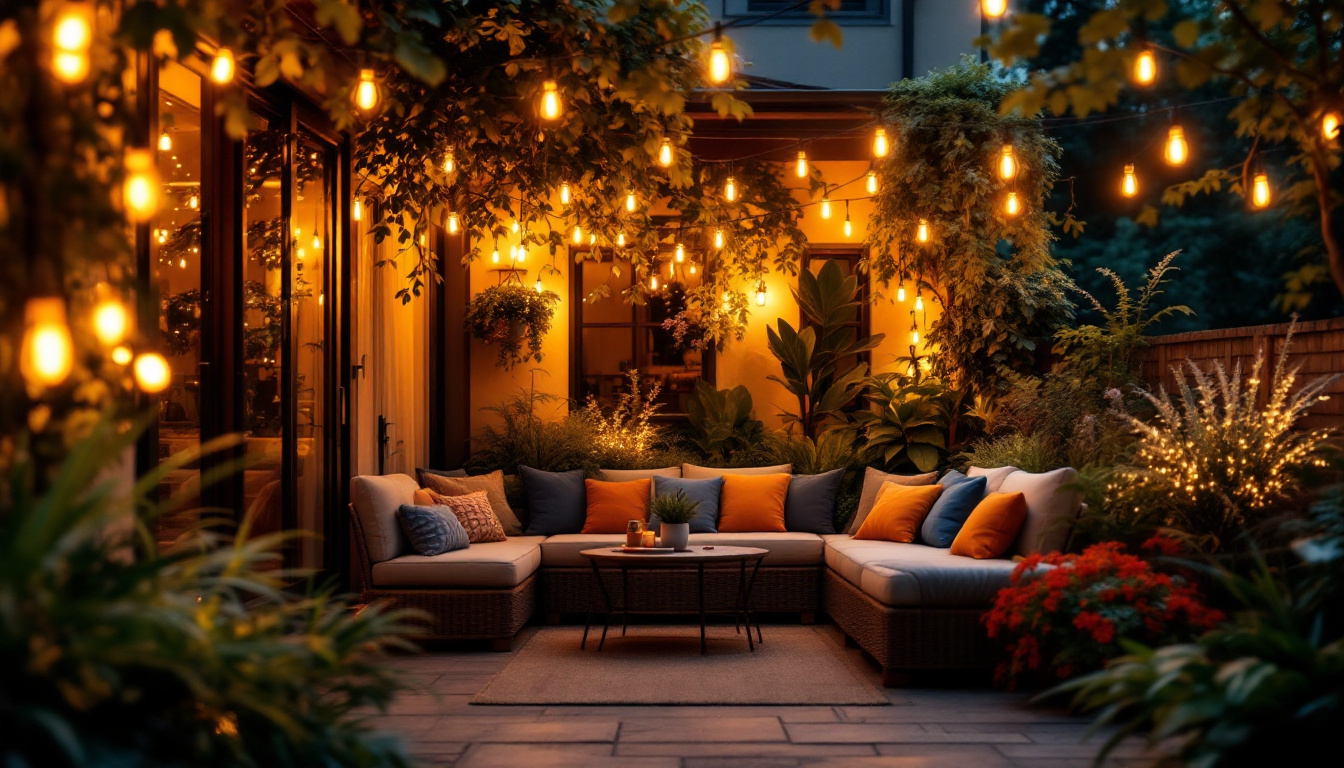 A photograph of a beautifully lit patio adorned with a warm glow of string lights