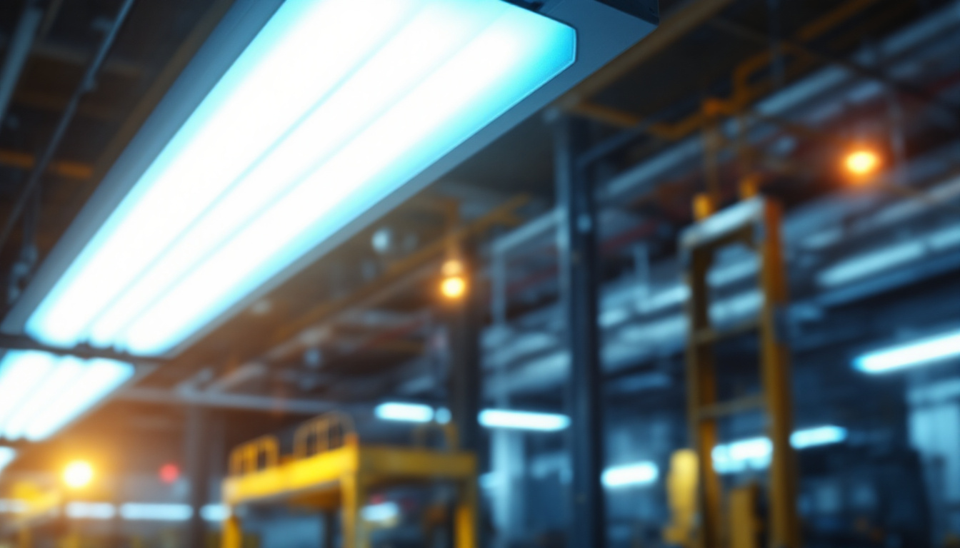 A photograph of a well-lit workspace or industrial setting showcasing the bright