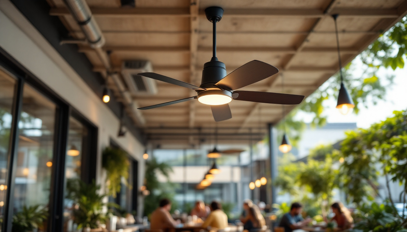 A photograph of a stylish outdoor ceiling fan with integrated lighting installed in a modern industrial or commercial setting