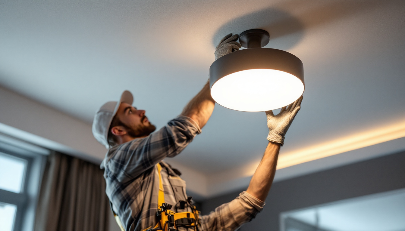 A photograph of a stylish modern ceiling light being installed in a well-lit