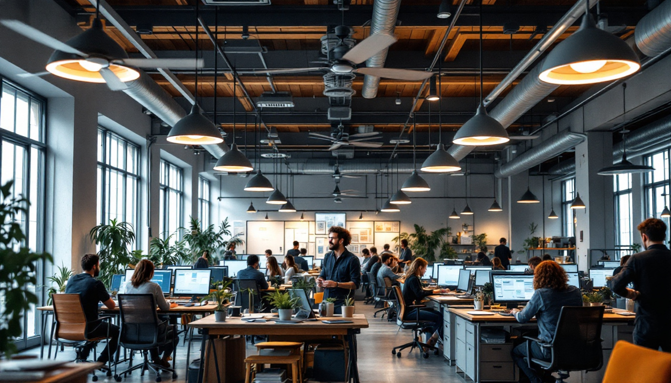 A photograph of a modern industrial workspace featuring sleek ceiling fans in action