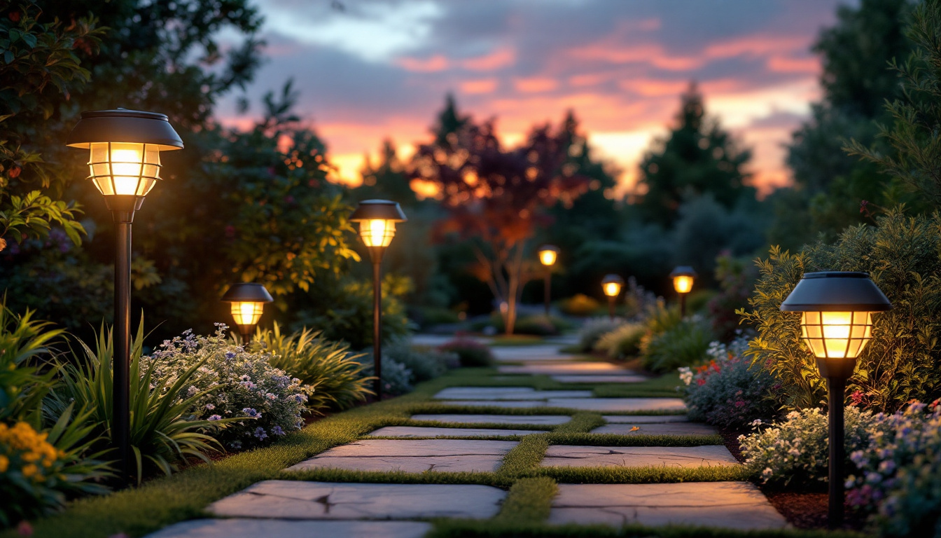 A photograph of a beautifully landscaped garden at dusk