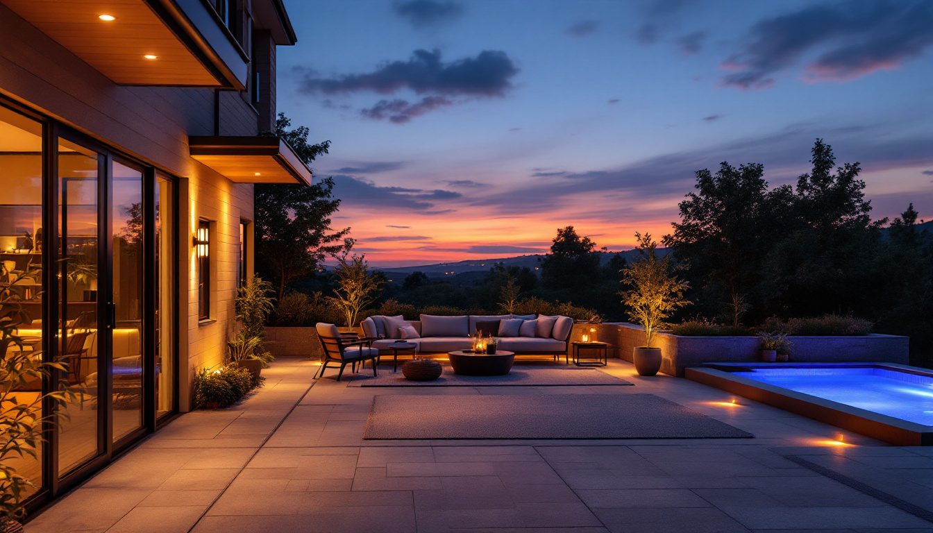 A photograph of a beautifully lit patio at dusk