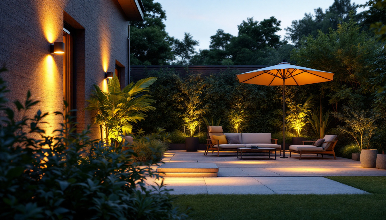 A photograph of a beautifully illuminated outdoor space featuring modern led light fixtures
