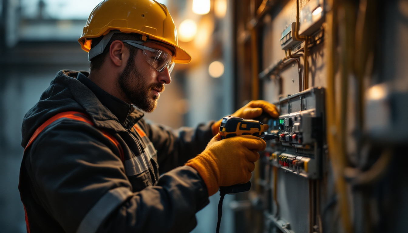 A photograph of a skilled electrician using advanced safety tools and equipment while working on a high-tech electrical installation