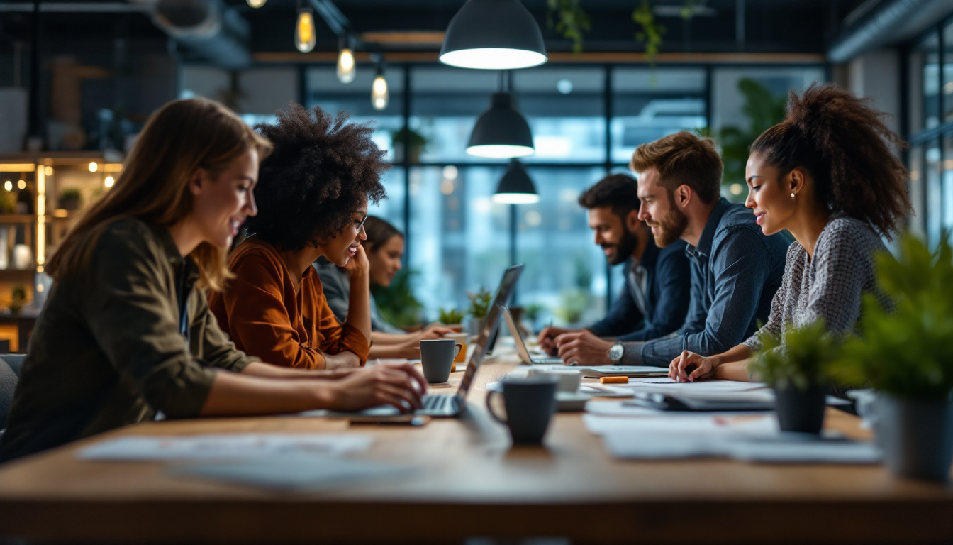 A photograph of a dynamic workspace featuring a diverse team collaborating around innovative technology and sustainable solutions