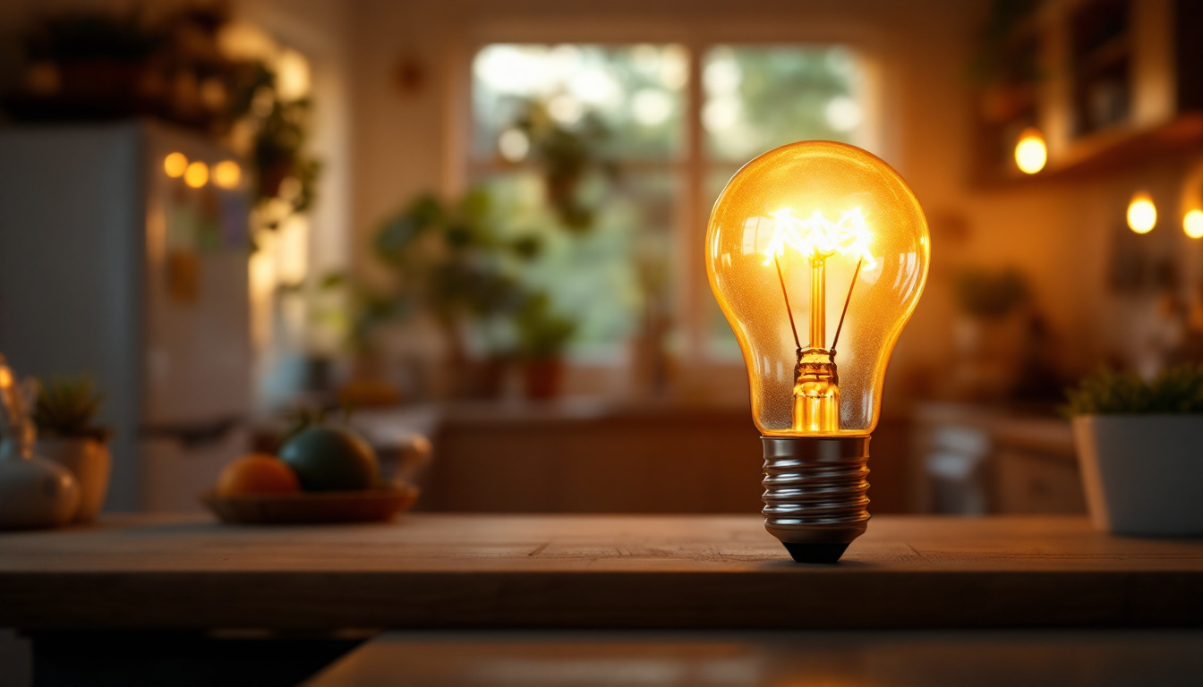 A photograph of a t12 bulb glowing warmly in a cozy home setting