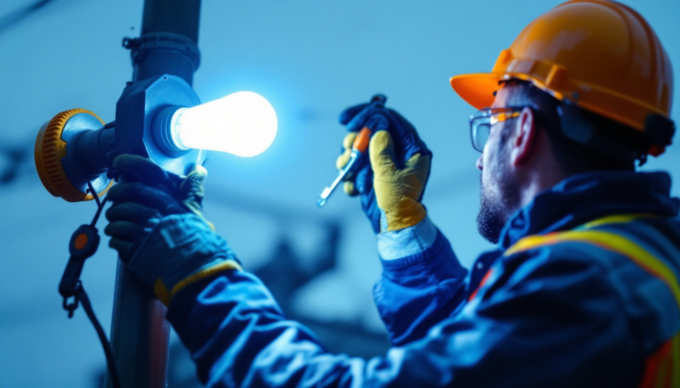A photograph of a skilled technician installing a sodium bulb in a streetlight