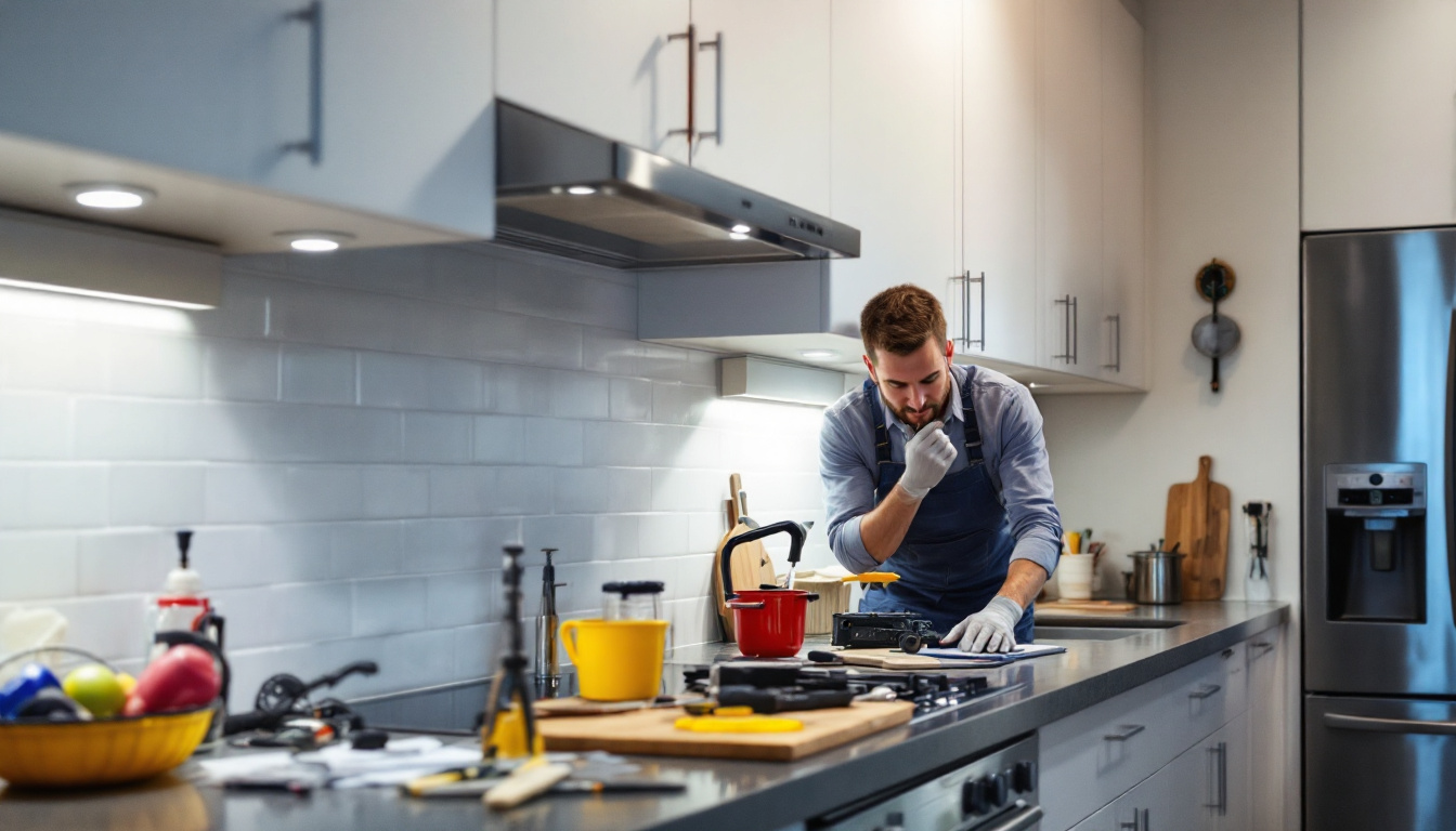 A photograph of a well-lit kitchen showcasing the installation process of undercabinet lights