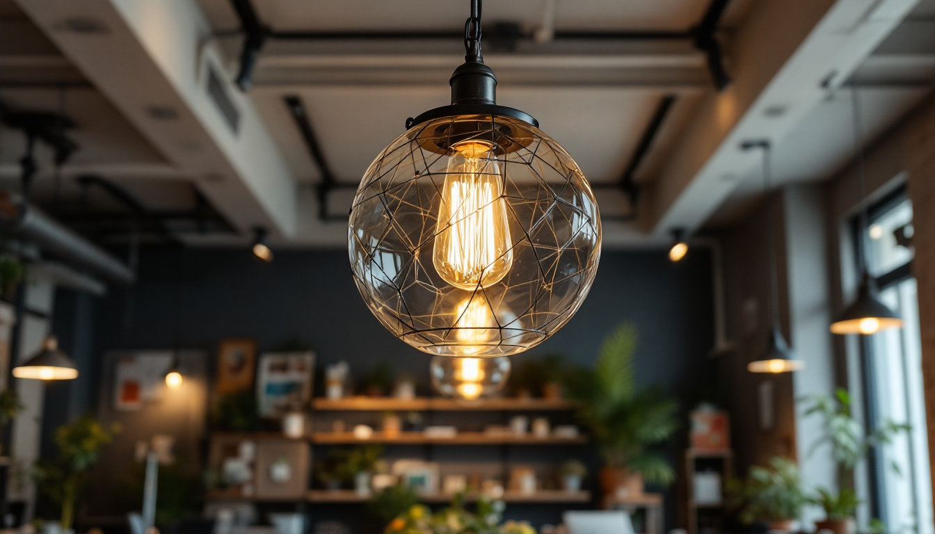 A photograph of a beautifully designed industrial chandelier in a modern workspace