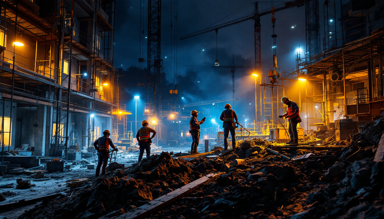 A photograph of a construction site illuminated by various innovative lighting solutions