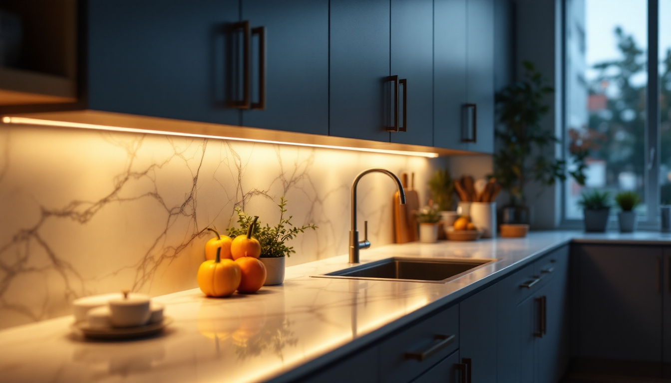 A photograph of a well-designed kitchen showcasing elegant undercounter lighting that highlights the countertops and enhances the overall ambiance