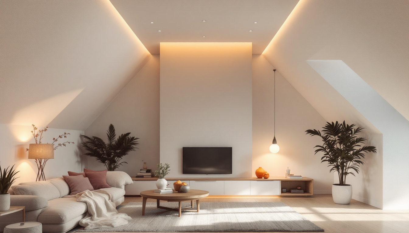 A photograph of a beautifully designed living space featuring recessed lighting installed in a vaulted ceiling