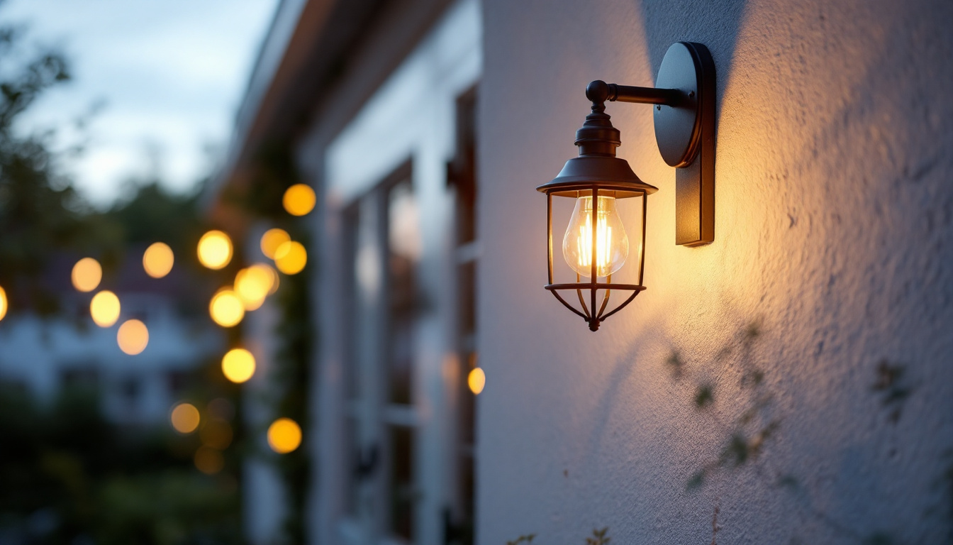 A photograph of a beautifully illuminated outdoor sconce light fixture mounted on a charming exterior wall