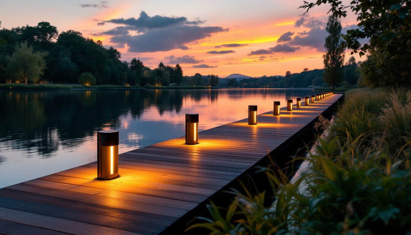 A photograph of a modern dock illuminated by energy-efficient dock lights at sunset