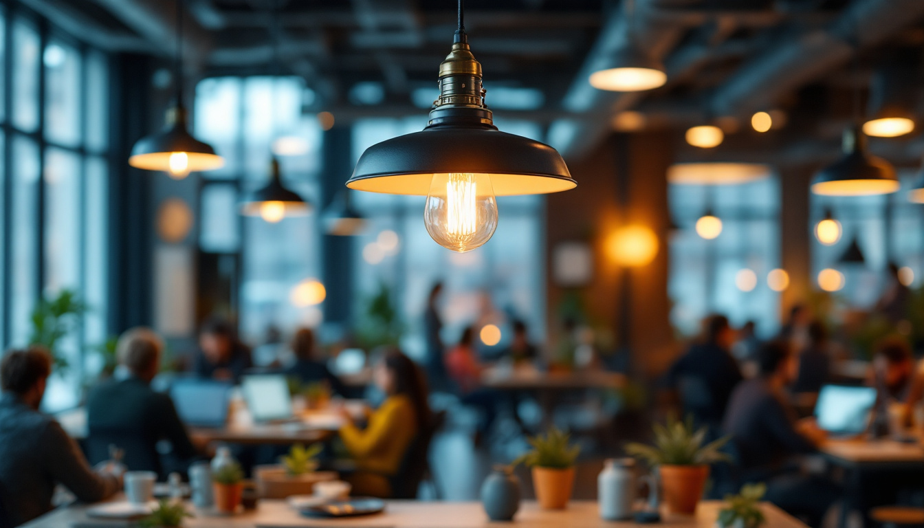 A photograph of an industrial pendant light in a modern workspace