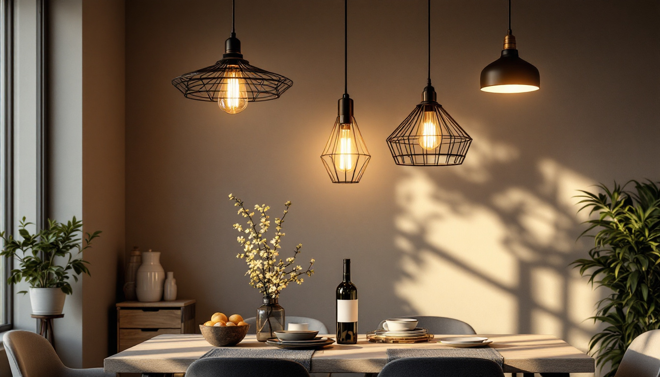A photograph of a beautifully styled dining room featuring a variety of hanging lights