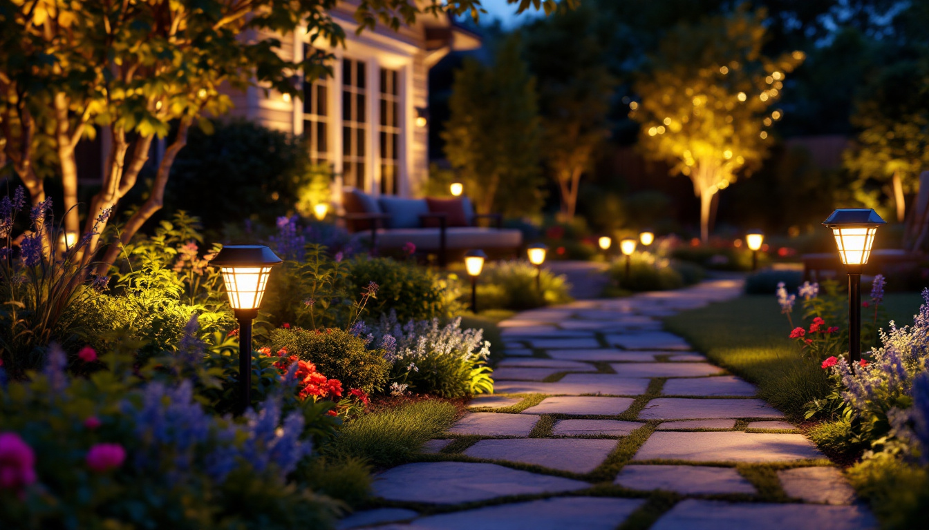 A photograph of a beautifully illuminated yard at dusk