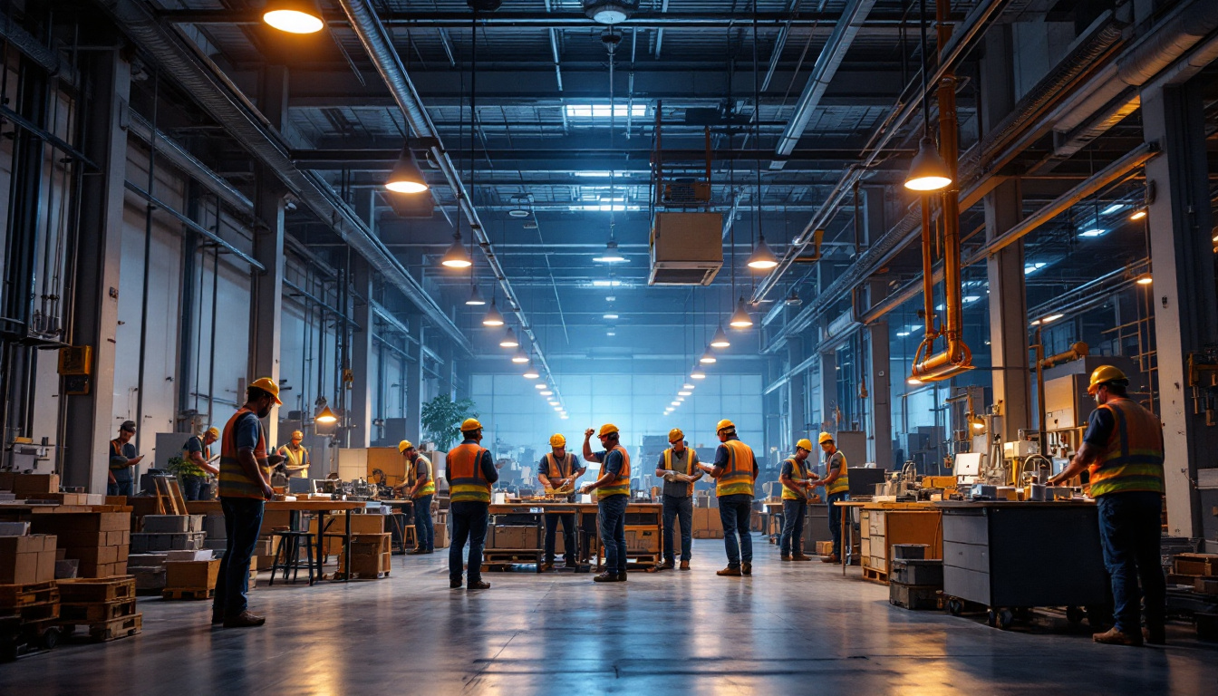 A photograph of a modern industrial or commercial setting showcasing the installation of ballast bypass led lighting