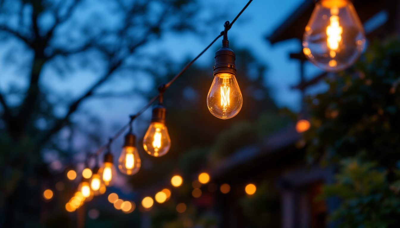 A photograph of a beautifully illuminated outdoor space featuring hanging exterior lights
