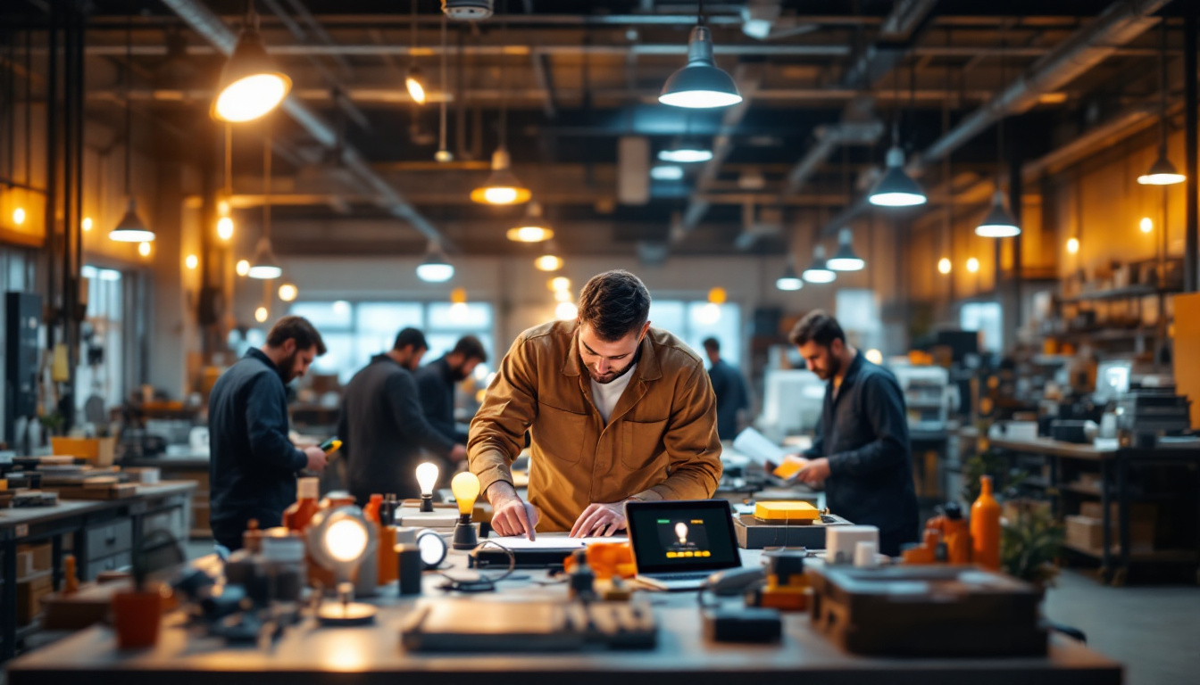 A photograph of a well-lit industrial workspace showcasing various innovative lightbulb depot products in use
