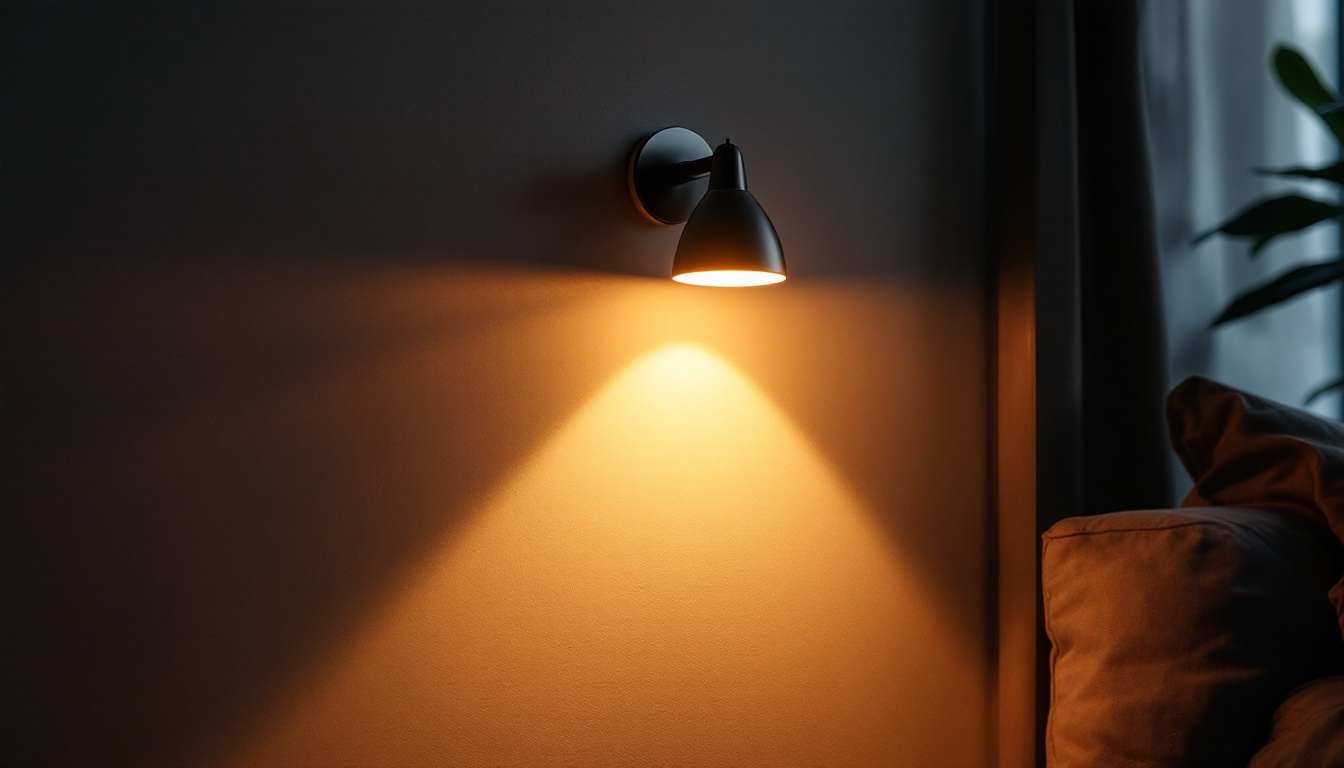 A photograph of a stylish plug-in wall lamp illuminating a cozy
