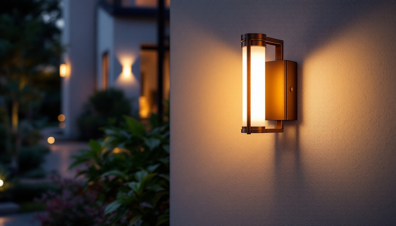 A photograph of a stylish modern exterior lamp installed in a beautifully landscaped outdoor setting
