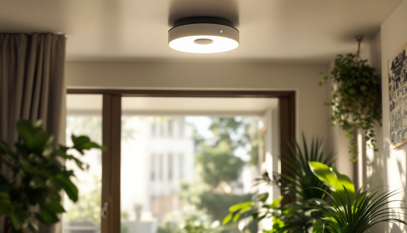 A photograph of a modern motion sensor ceiling light installed in a stylish