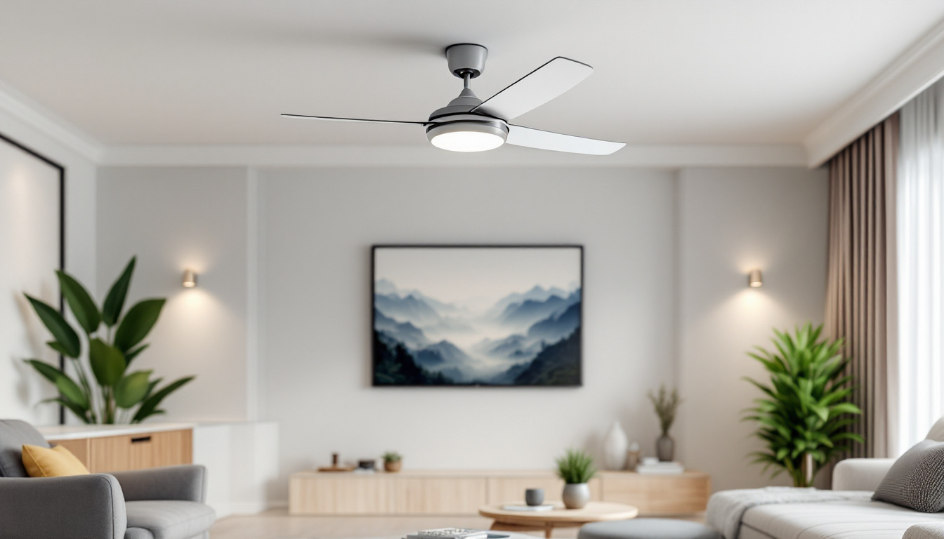 A photograph of a stylish modern living room featuring a sleek ceiling fan with an integrated light kit
