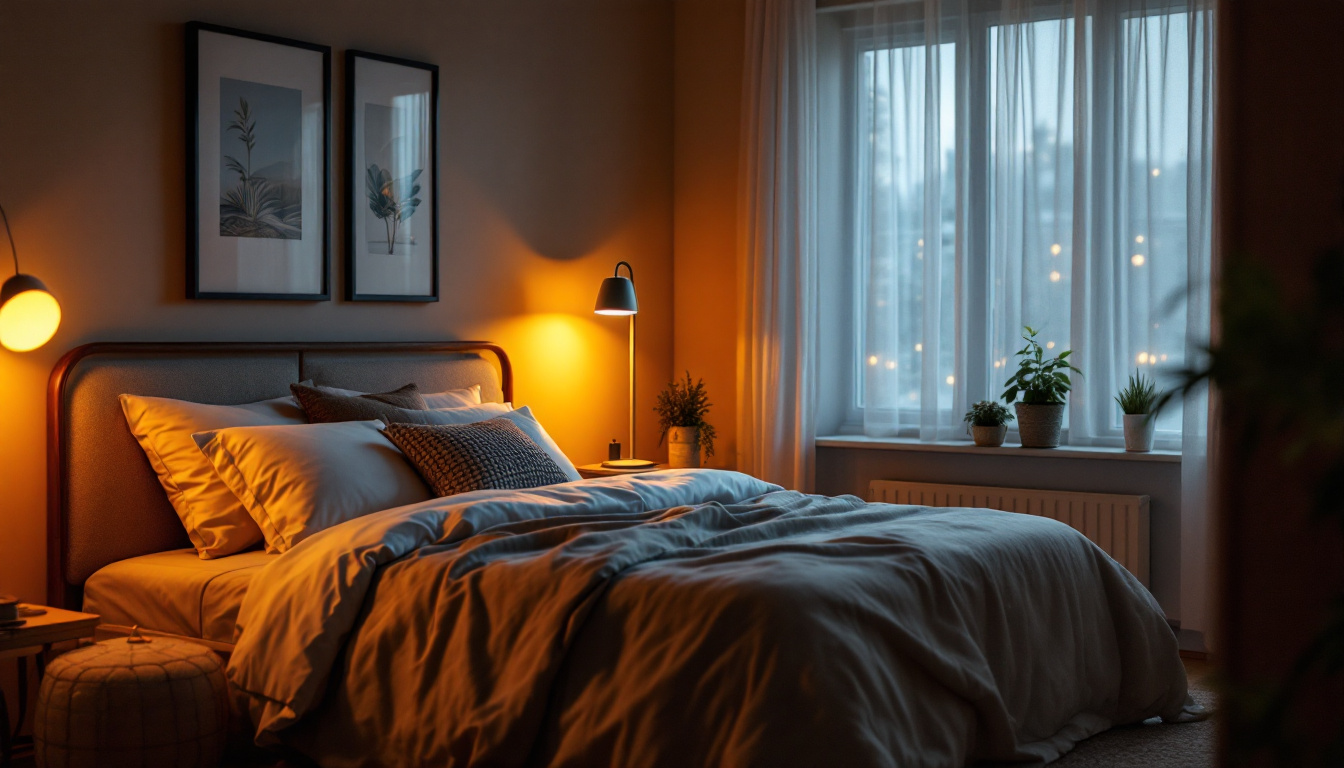 A photograph of a cozy bedroom scene featuring a stylish bed light that emits warm