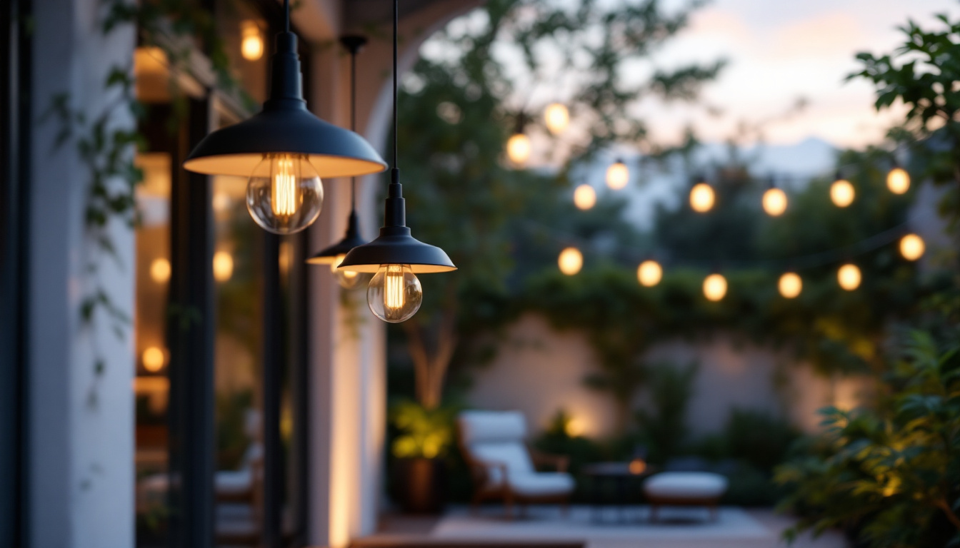 A photograph of a stylish outdoor space featuring modern hanging lamps that illuminate the area