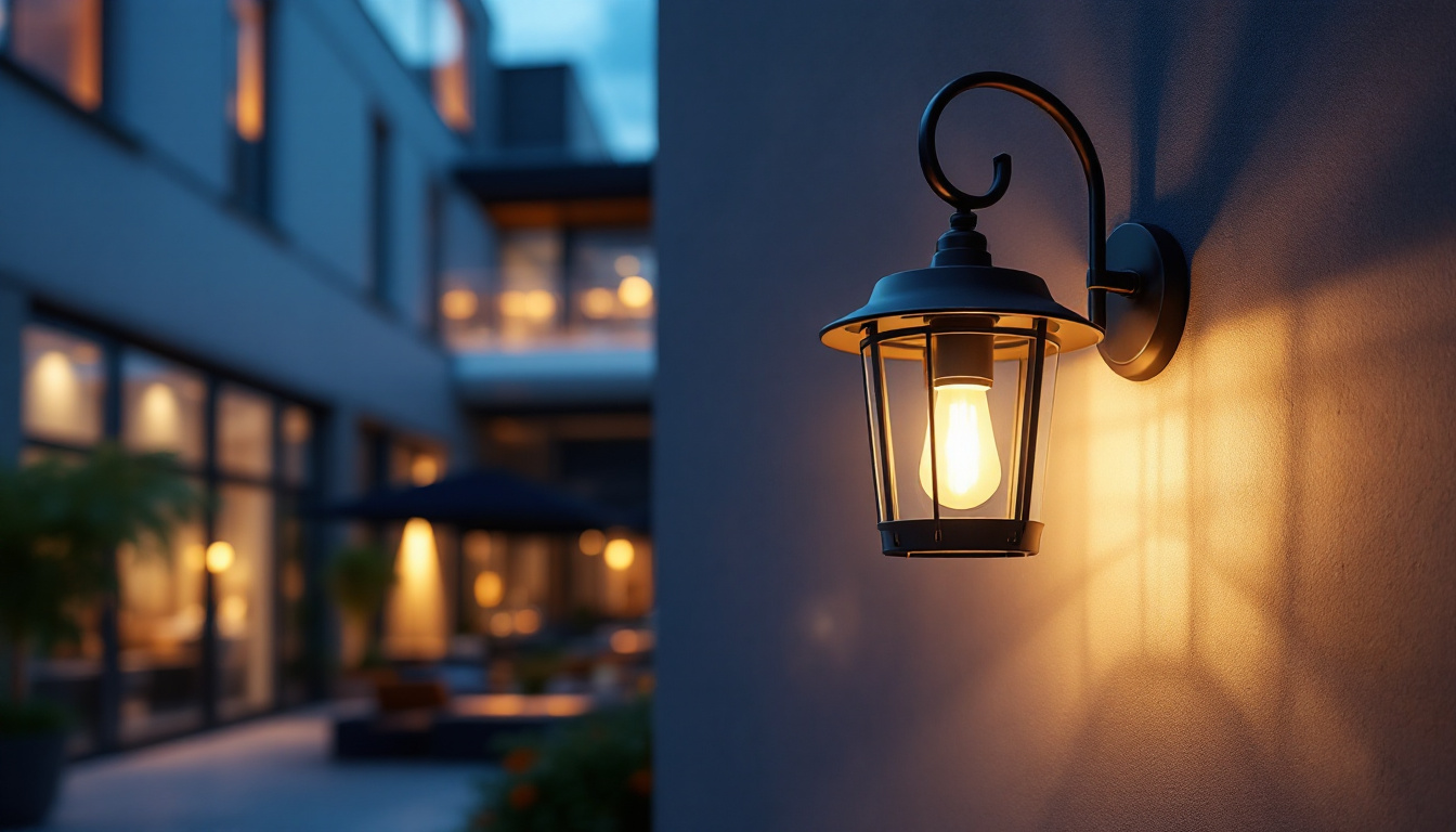 A photograph of a stylish outdoor wall-mounted lantern illuminating a modern industrial or commercial setting