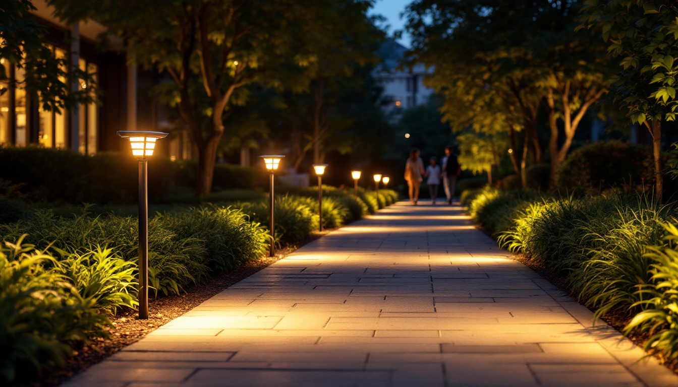 A photograph of a beautifully lit pathway at dusk