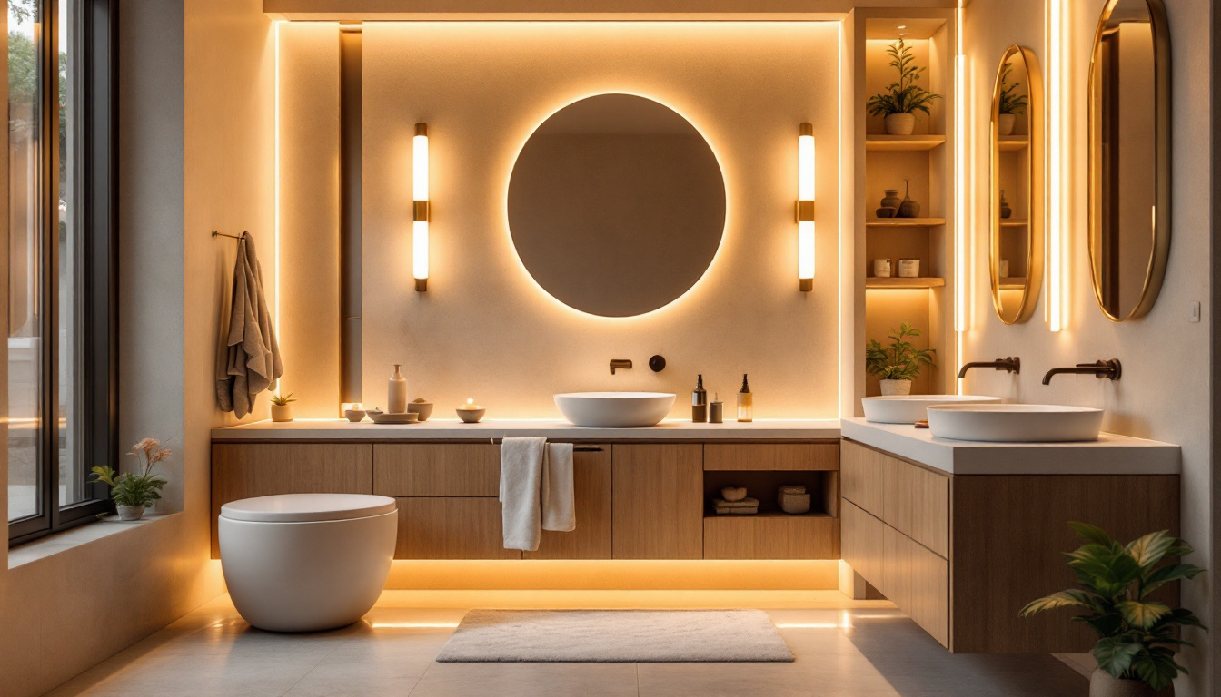 A photograph of a beautifully designed bathroom featuring modern lighting fixtures that enhance the space