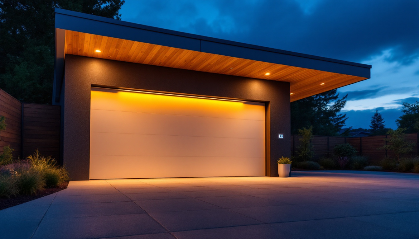A photograph of a beautifully illuminated outdoor garage featuring energy-efficient lighting solutions