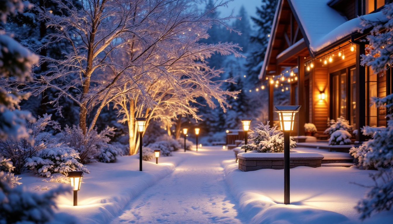 A photograph of a beautifully illuminated outdoor space featuring modern solar lights in a winter setting