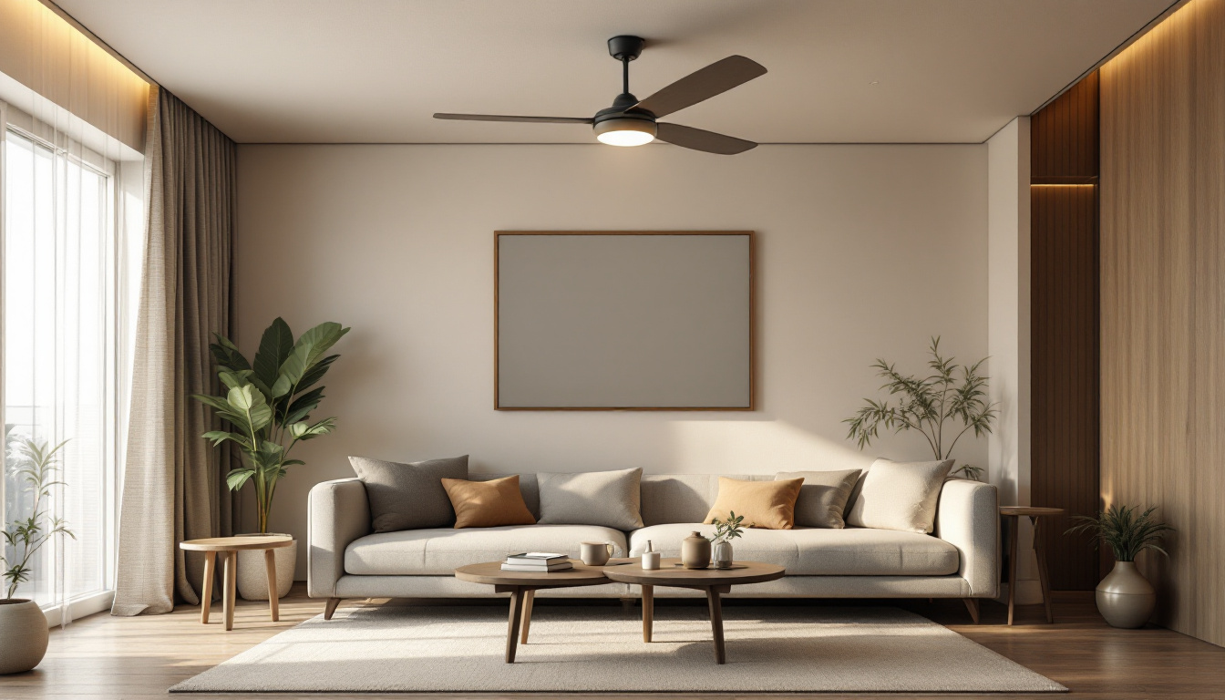 A photograph of a modern ceiling fan in a stylishly decorated living room