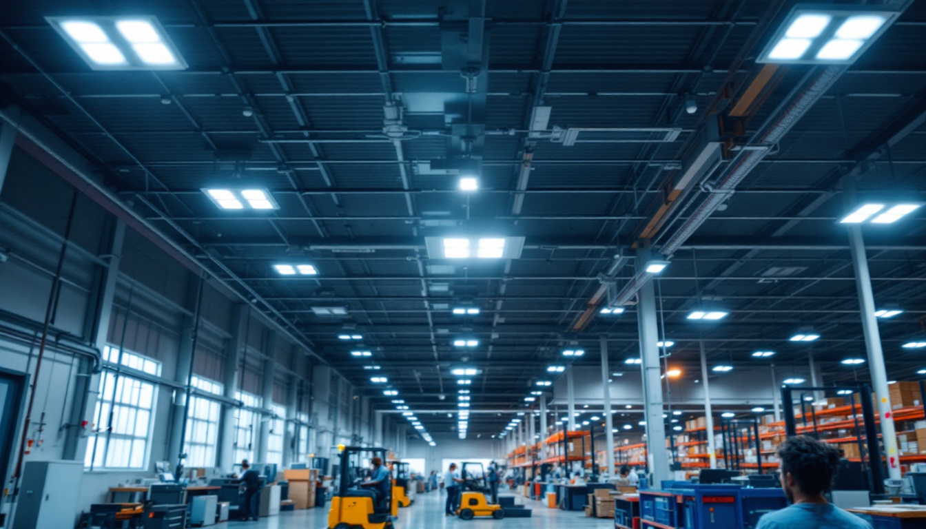 A photograph of a modern workplace or warehouse featuring sleek flush ceiling light fixtures that illuminate the space