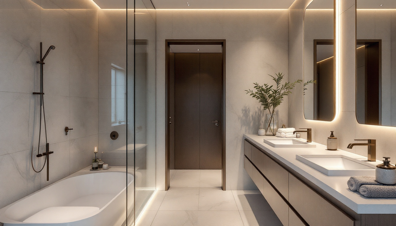 A photograph of a beautifully designed bathroom showcasing concealed lighting features