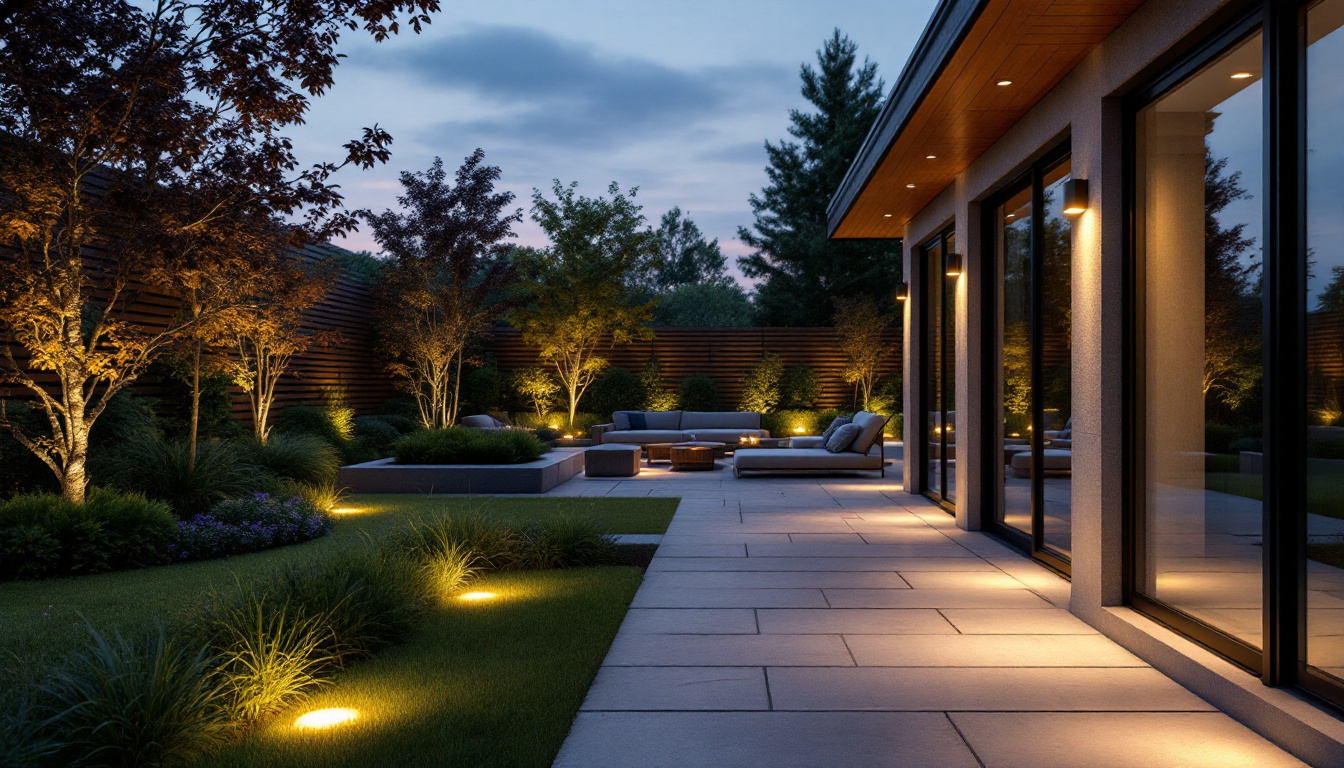 A photograph of a beautifully designed outdoor space featuring recessed can lights illuminating various areas
