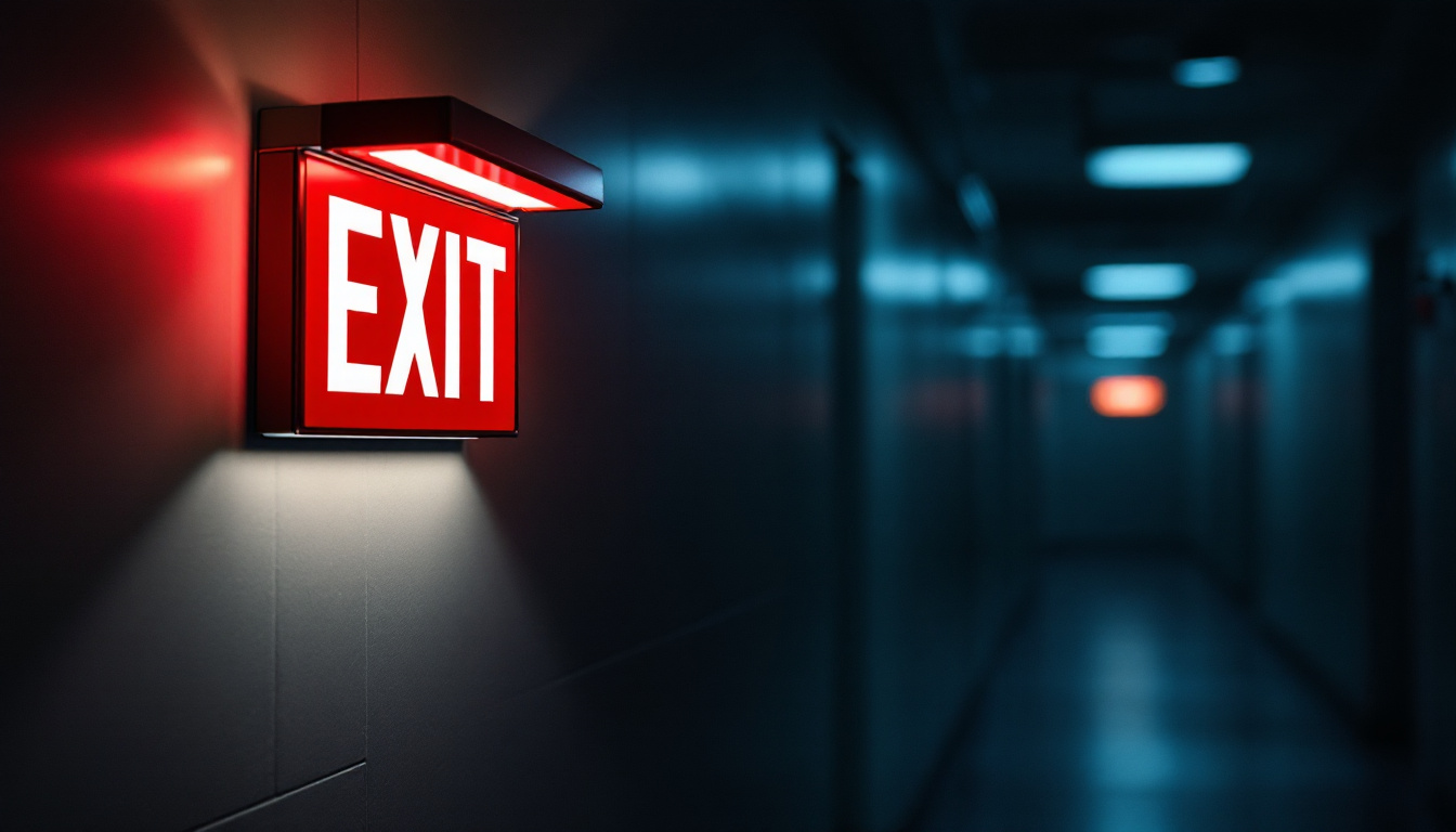A photograph of a well-lit emergency exit sign illuminated by a high-quality led emergency light in a dimly lit corridor