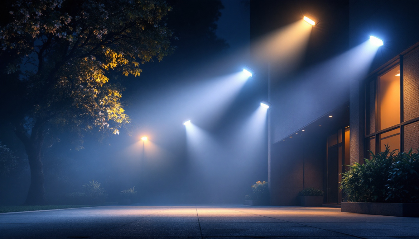 A photograph of a beautifully illuminated exterior space showcasing various flood lights in action