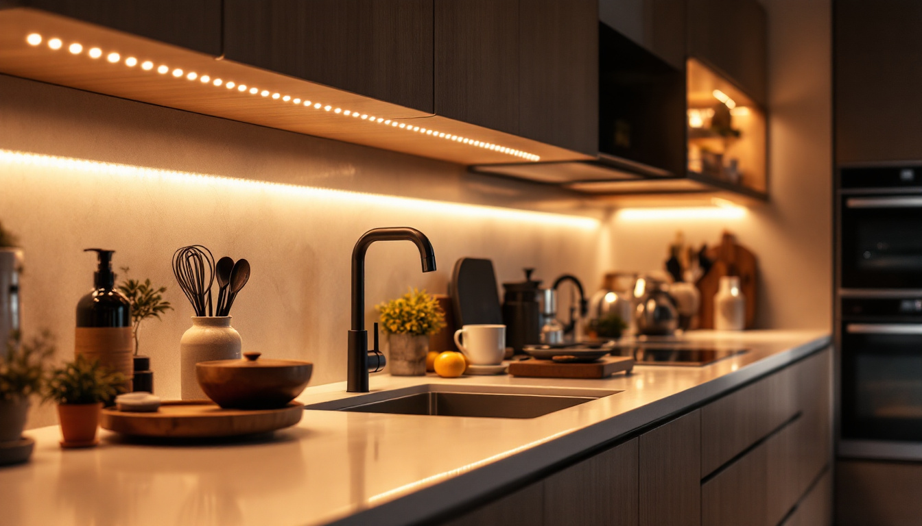 A photograph of a modern kitchen showcasing sleek led under-counter lights illuminating the workspace