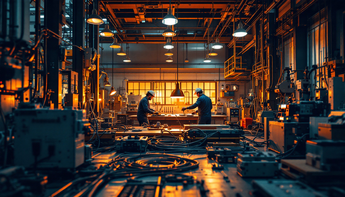 A photograph of a dynamic industrial workspace showcasing a variety of power cords in use