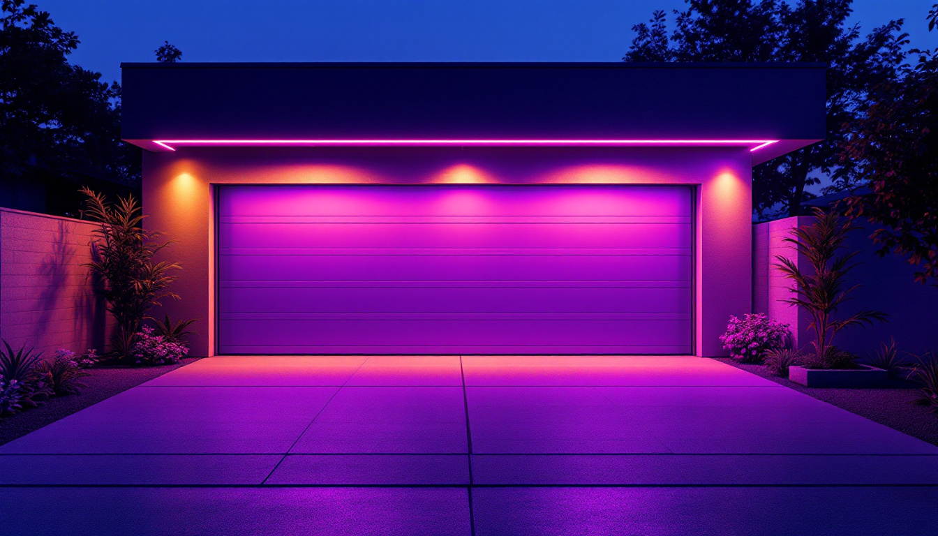 A photograph of a modern garage illuminated by vibrant ultraviolet light