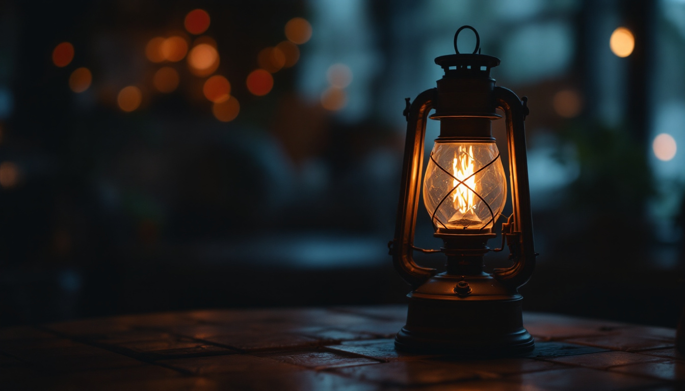 A photograph of a vintage gas lamp or oil lamp illuminated in a dimly lit setting