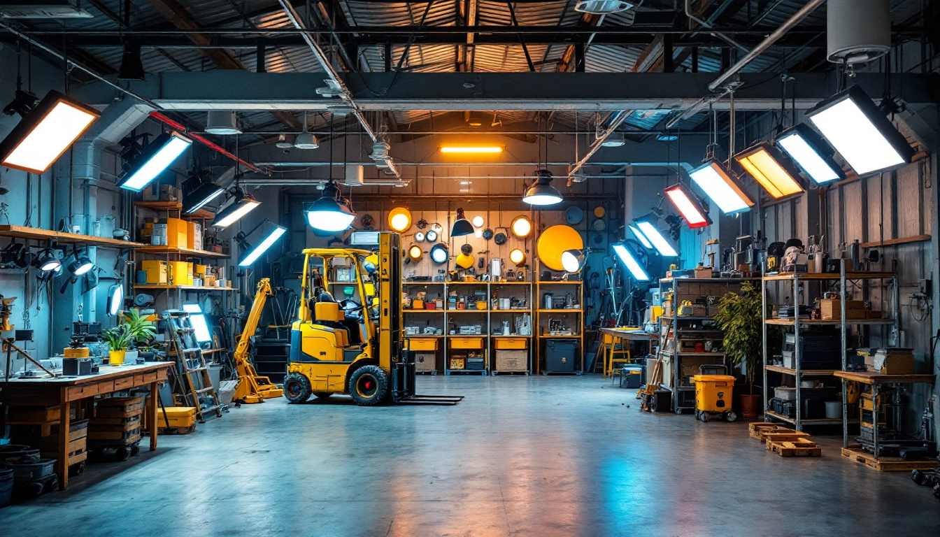 A photograph of a well-organized lighting warehouse showcasing a variety of lighting fixtures
